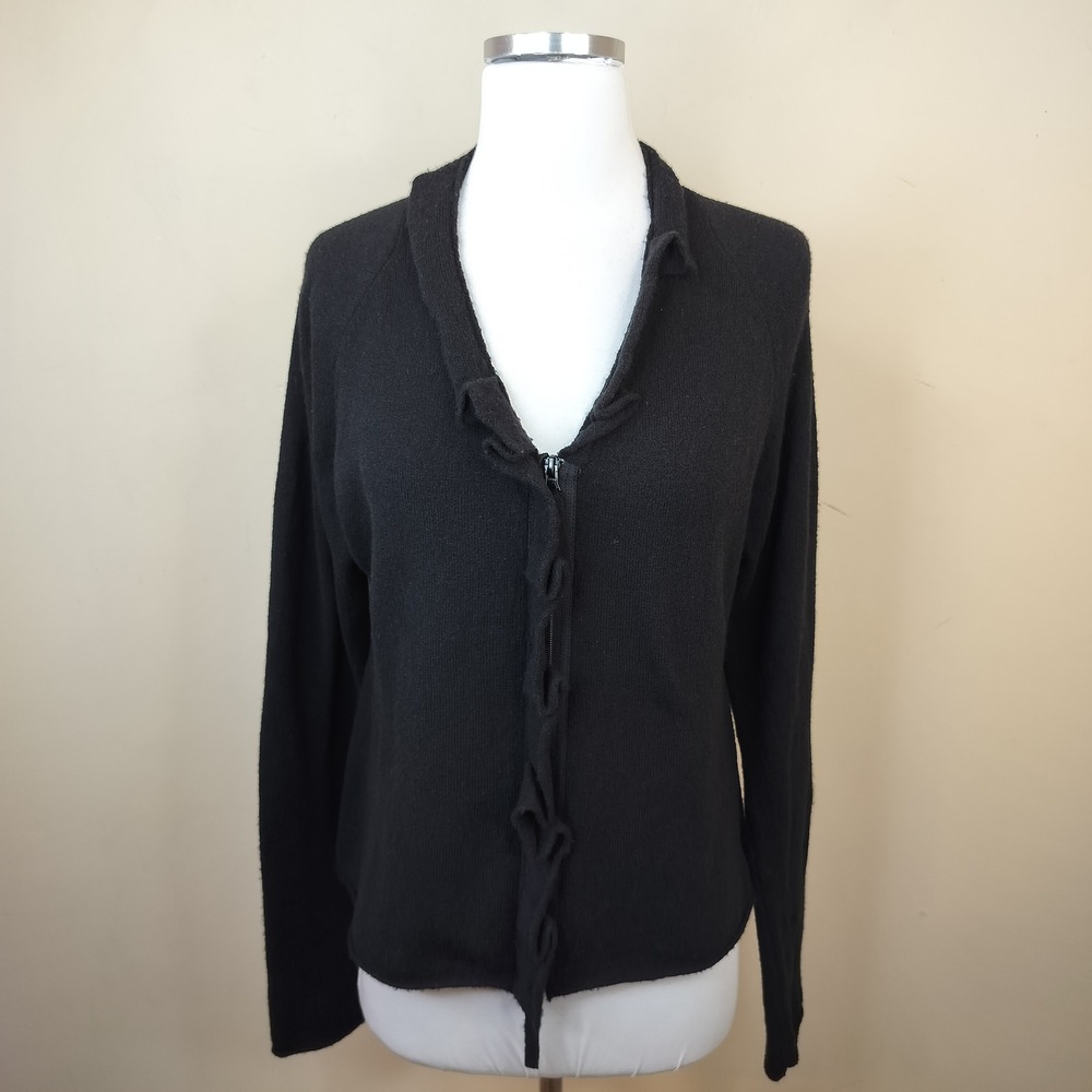 Rundholz Black Wool Cardigan Medium Zip Front Ruffled Long Sleeve